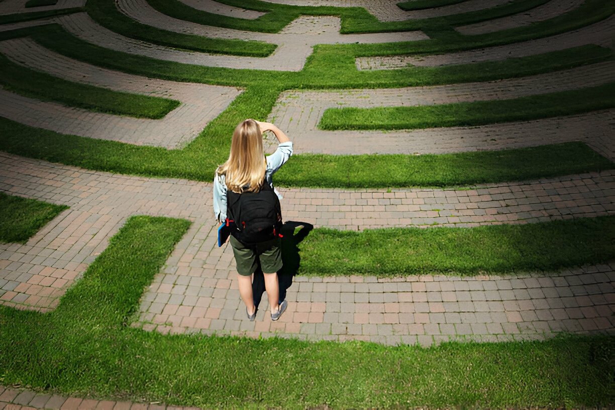 Maze Footpath with Woman Teenager Student looking